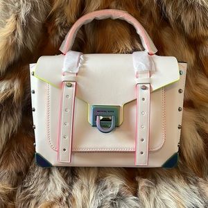 Michael Kors Manhattan Medium Contrast Trim Leather Satchel - Optic White